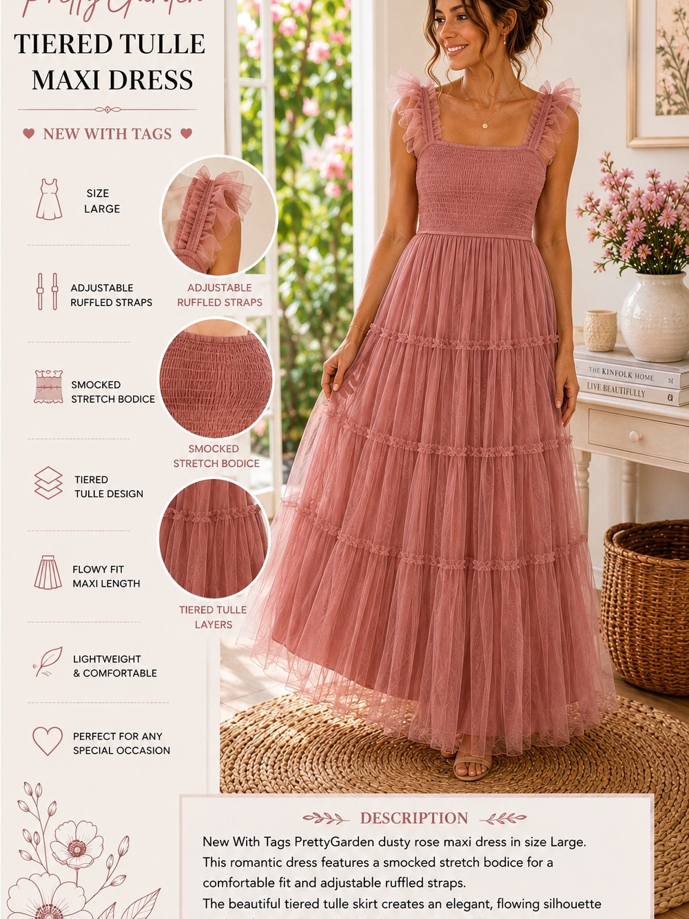 Dusty Rose Tiered Tulle Maxi Dress
